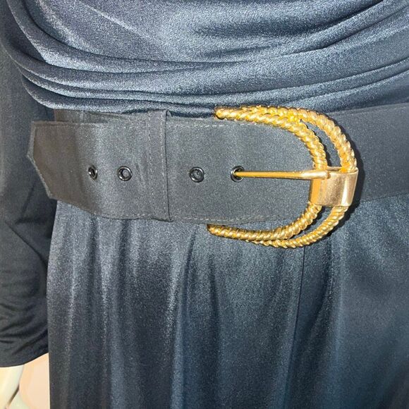 Vintage 80s Black Wide Waist Belt with Gold Braided Buckle | Statement Cinch Bel - Picture 7 of 9